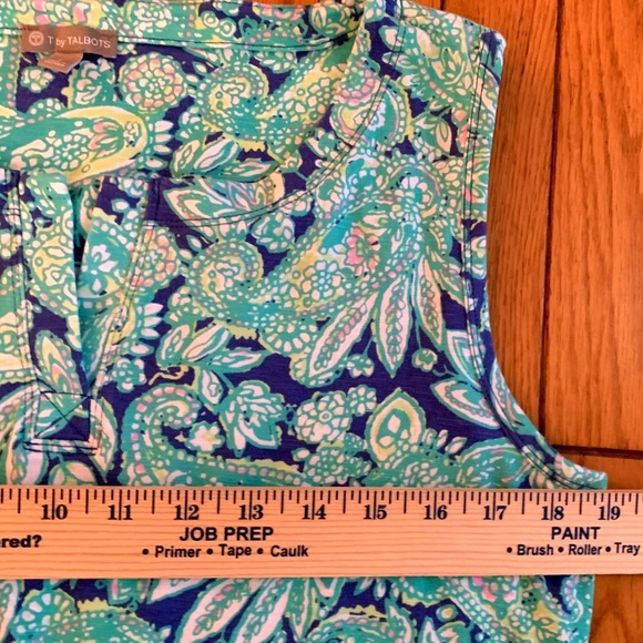 T By Talbots Dress L Casual Shift Dress Paisley Blue Sleeveless Cotton Rayon - Picture 9 of 9